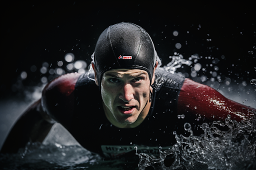 male swimmer with a black cap and wetsuit